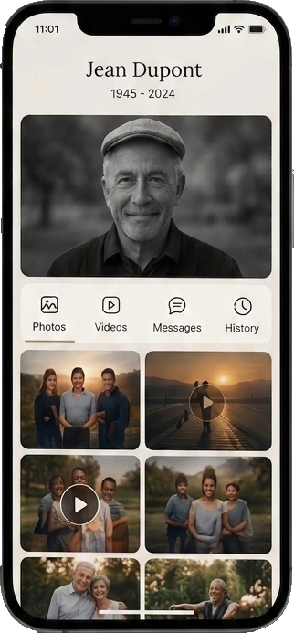 Exemple de page mémorial en ligne avec QR code affichée sur smartphone : photos, vidéos et hommages de Jean Dupont